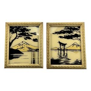 Mount Fuji Reverse Painted on Glass Silhouette Vintage by Reliance Set of 2